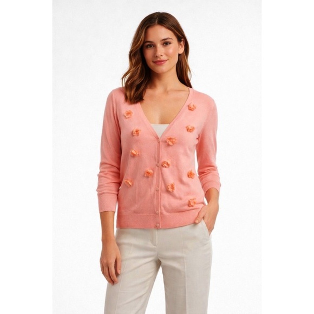 Ann Taylor‎ Loft Peach Coral Cotton 3D Floral Applique V-Neck Cardigan L 79-07